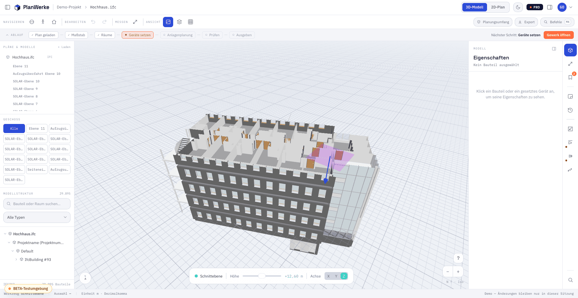 PlanWerke viewer with a loaded IFC model in the browser