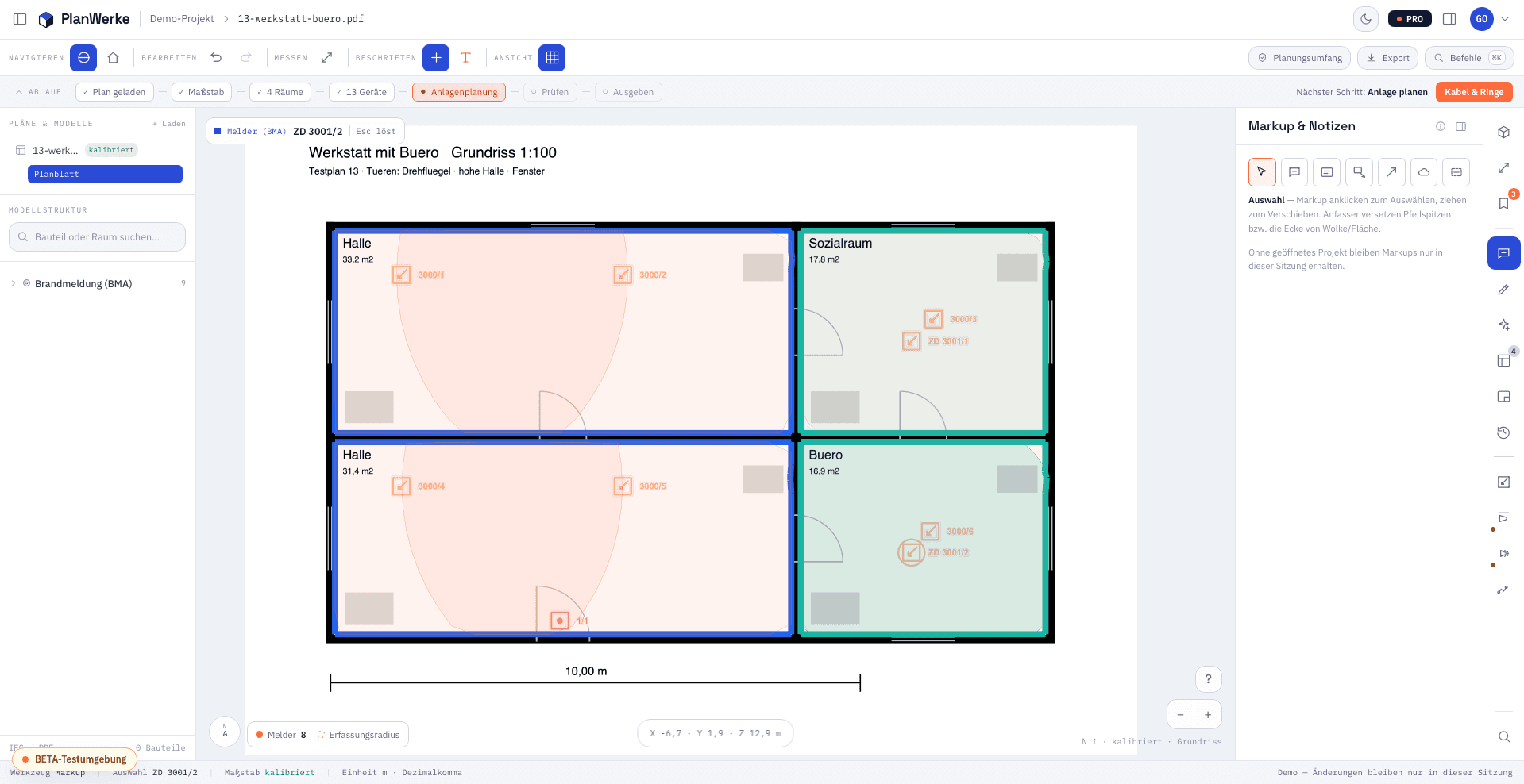 PlanWerke viewer with automatically placed smoke detectors on a floor plan